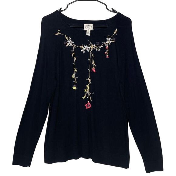 Y2K Black Embroidered Beaded Sweater Women’s XXL Cottagecore Fairy Grunge Goth - Picture 1 of 8